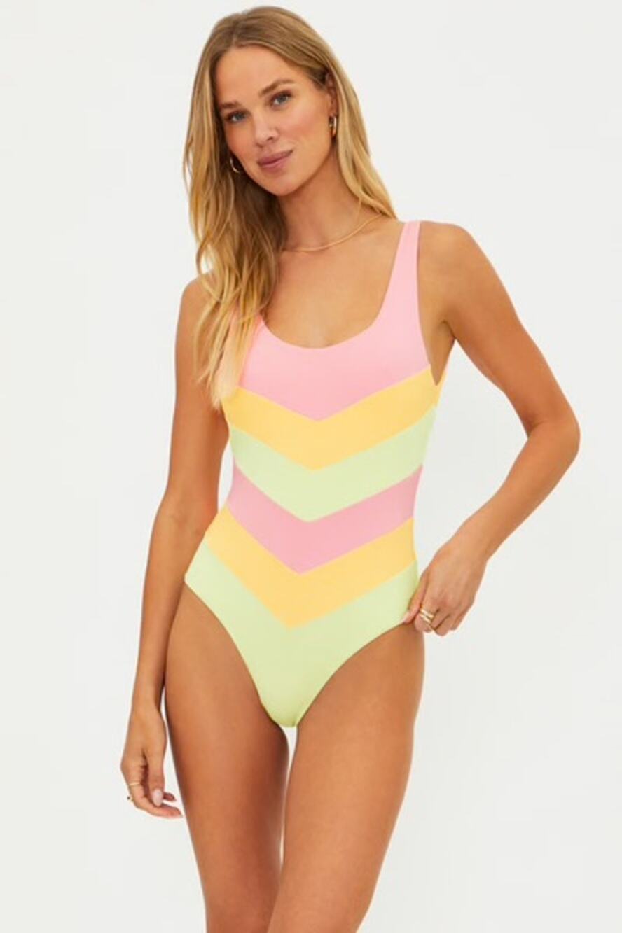 Beach Riot Chevron Colorblock One Piece Swimsuit Pink Orange Lime Size M NWT